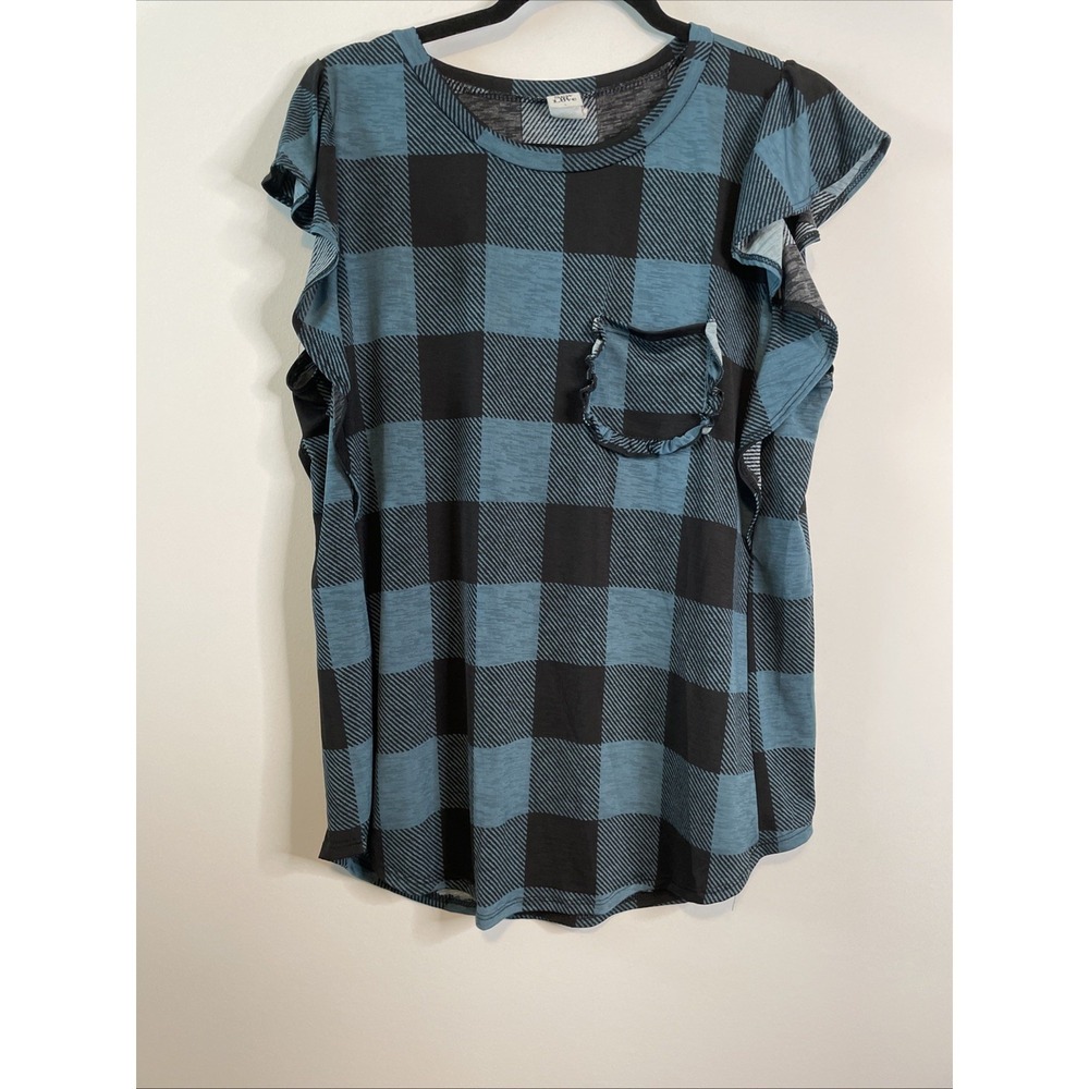 Sew In Love L Buffalo Plaid Top Teal Black Ruffle Sleeve Pocket Casual Boho